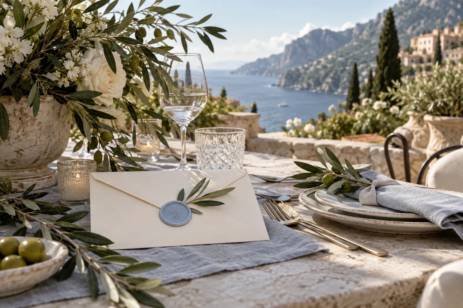Destination wedding invitation with Mediterranean-inspired details