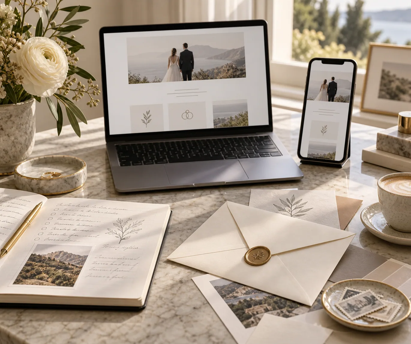 Planning a wedding invitation on laptop and phone
