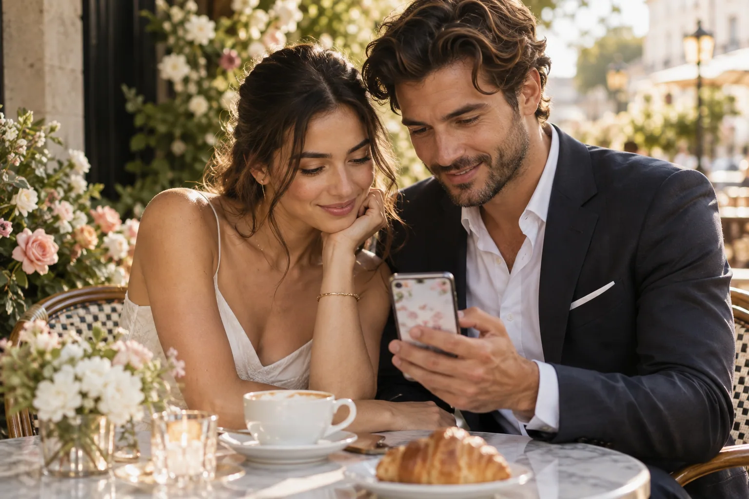 Couple reviewing a digital wedding RSVP invitation on a phone
