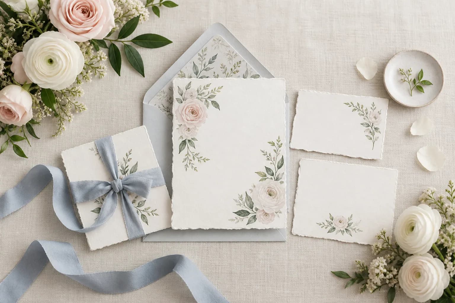 Floral invitation suite on handmade paper