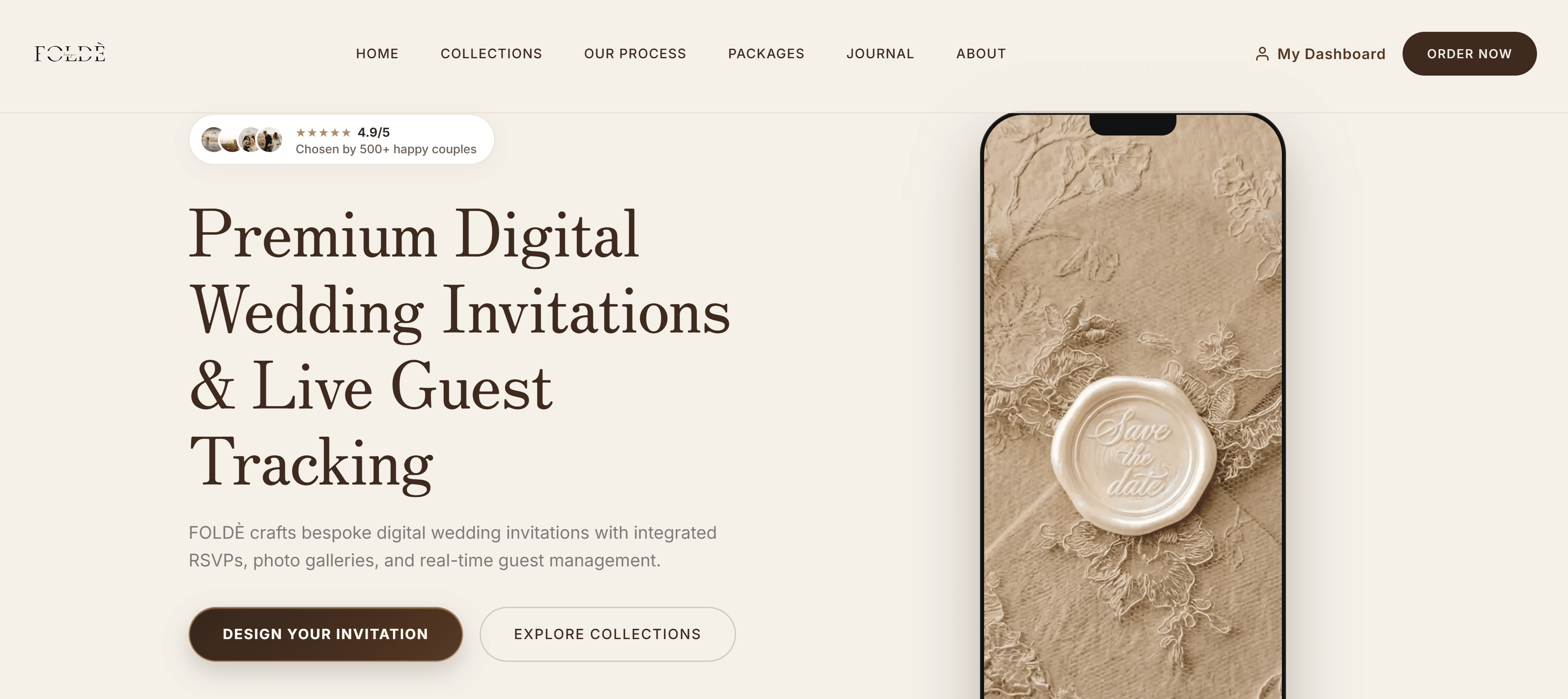 FOLDÈ Wedding homepage with a digital invitation preview displayed in a phone frame