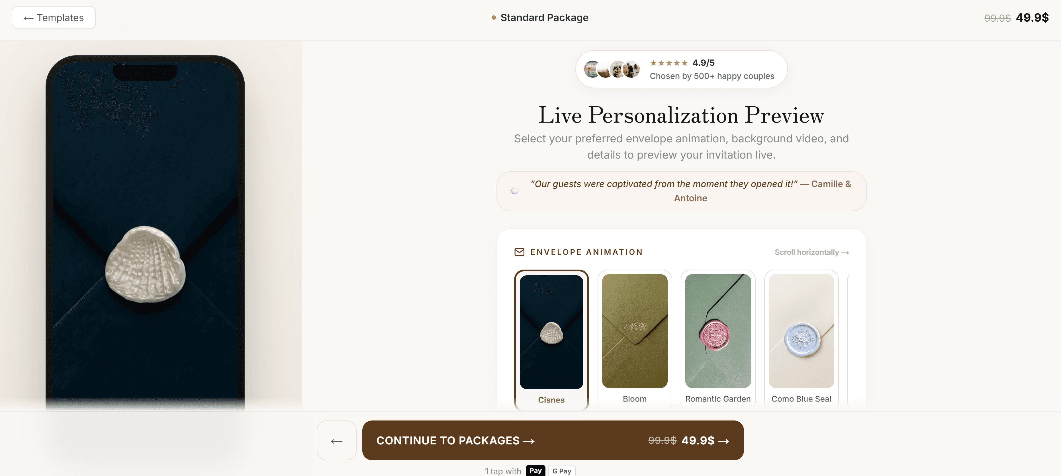 FOLDÈ personalization preview with envelope animation choices