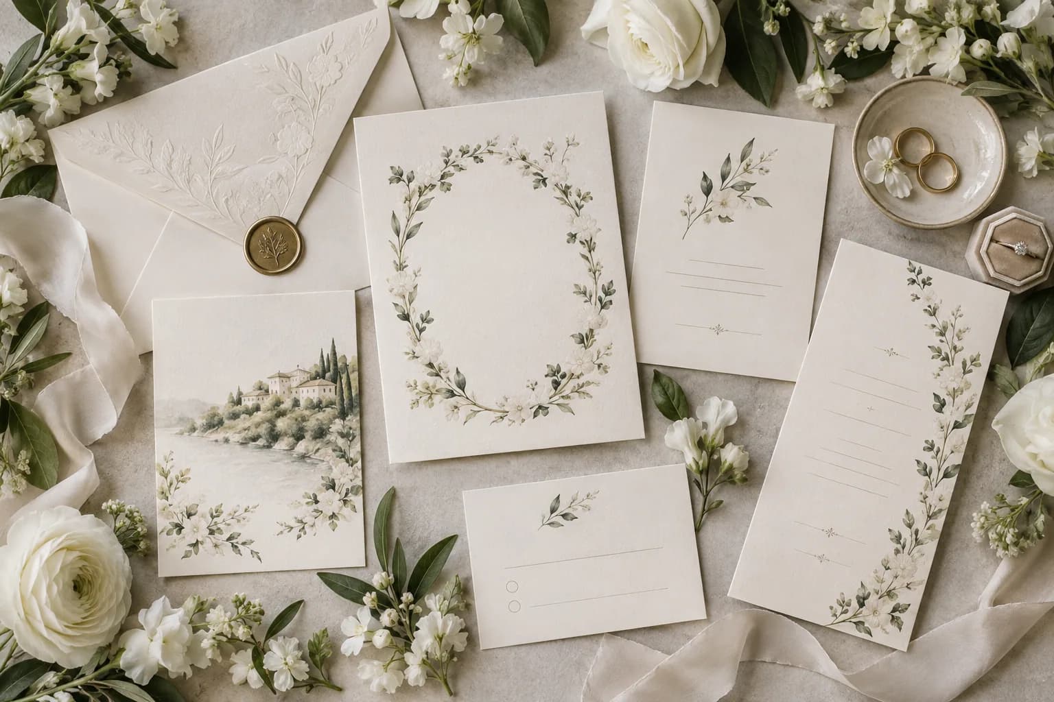 Complete wedding invitation suite with layered elegant stationery